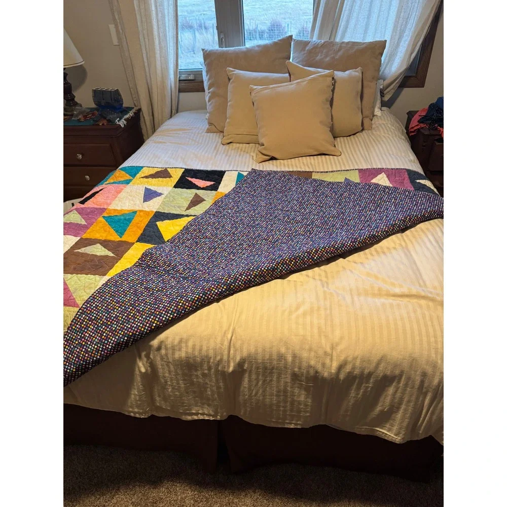 Handmade Geometric Triangle Patchwork Quilt Colorful Polka Dot‎ Reverse Blanket